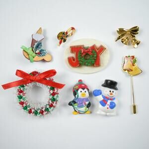 Vintage Lot Christmas Holiday brooch pins wreath bells snowman candle penguin